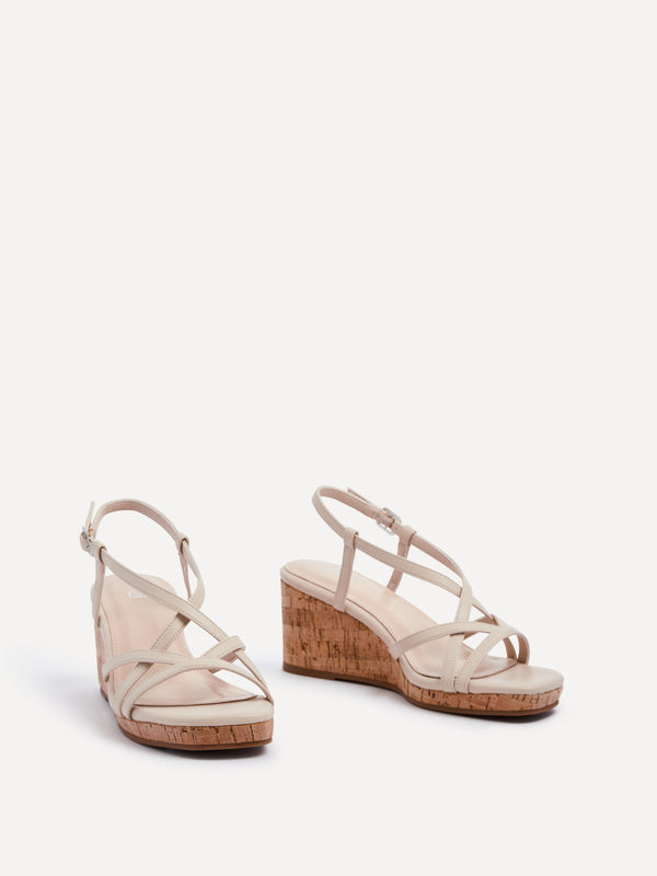 Linzi Nude Faux Leather Strappy Wedge Sandal With Wrap Around Ankle Strap