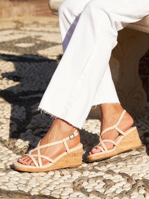 linzi Nude Faux Leather Strappy Wedge Sandal With Wrap Around Ankle Strap