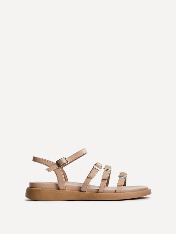 Linzi Nude Faux Leather Triple Buckle Footbed Sandals