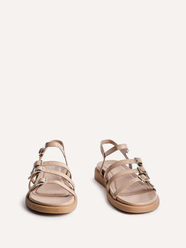 Linzi Nude Faux Leather Triple Buckle Footbed Sandals