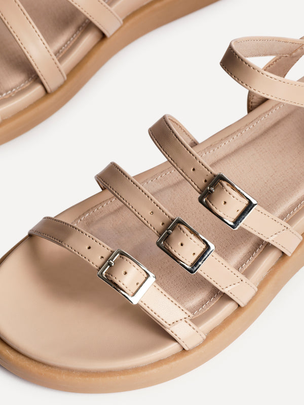 Linzi Nude Faux Leather Triple Buckle Footbed Sandals