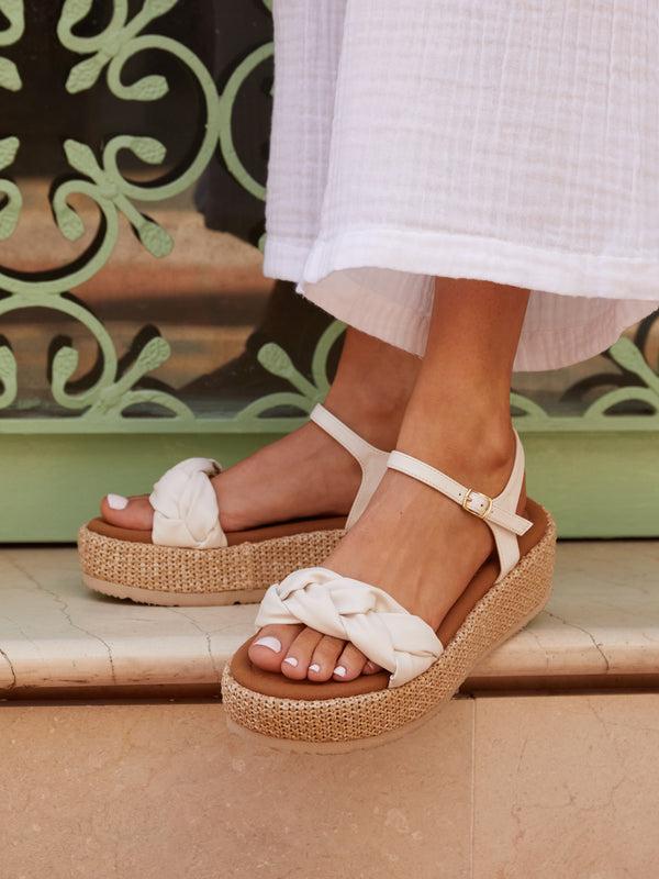 linzi Nude Faux Nubuck Plaited Front Strap Raffia Flatform Sandal
