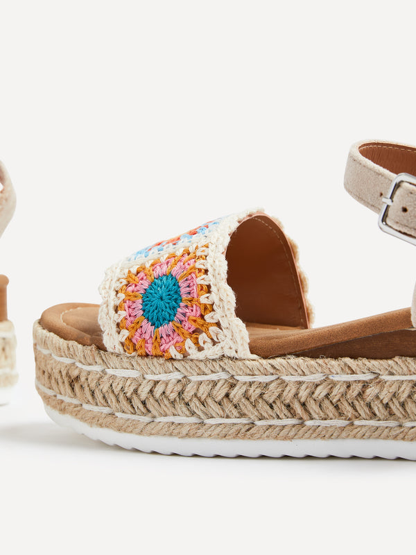 Linzi Nude Faux Suede Flatform Wedge With Crochet Upper