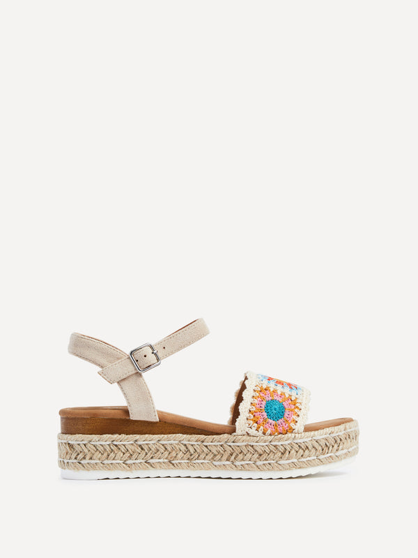 Linzi Nude Faux Suede Flatform Wedge With Crochet Upper