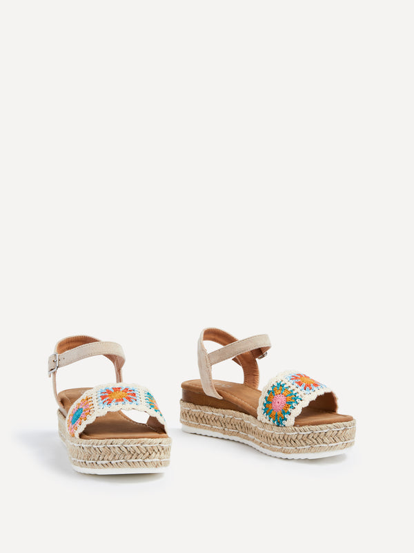 Linzi Nude Faux Suede Flatform Wedge With Crochet Upper