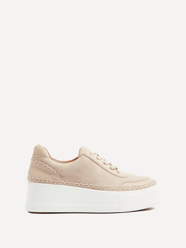 Linzi Nude Faux Suede & Leather Mix Platform Trainer With Woven Detail
