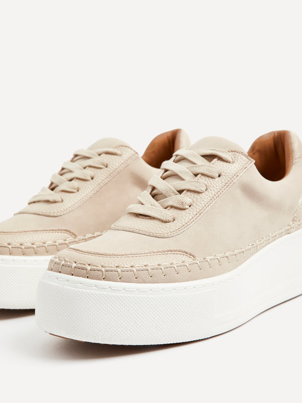 Linzi Nude Faux Suede & Leather Mix Platform Trainer With Woven Detail