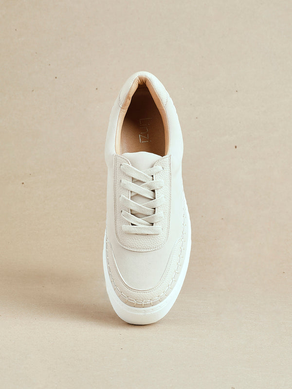 linzi Nude Faux Suede & Leather Mix Platform Trainer With Woven Detail