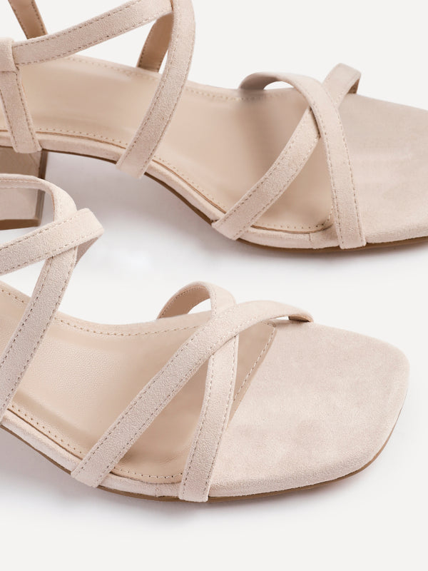 Linzi Nude Faux Suede Strappy Low Block Heeled Sandals