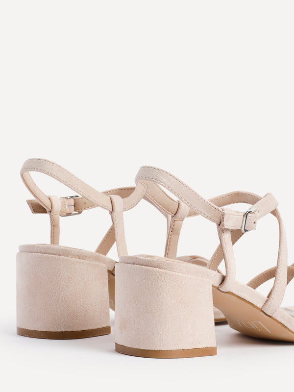 Linzi Nude Faux Suede Strappy Low Block Heeled Sandals