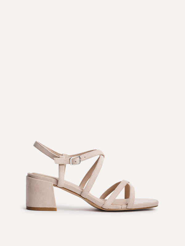 linzi Nude Faux Suede Strappy Low Block Heeled Sandals