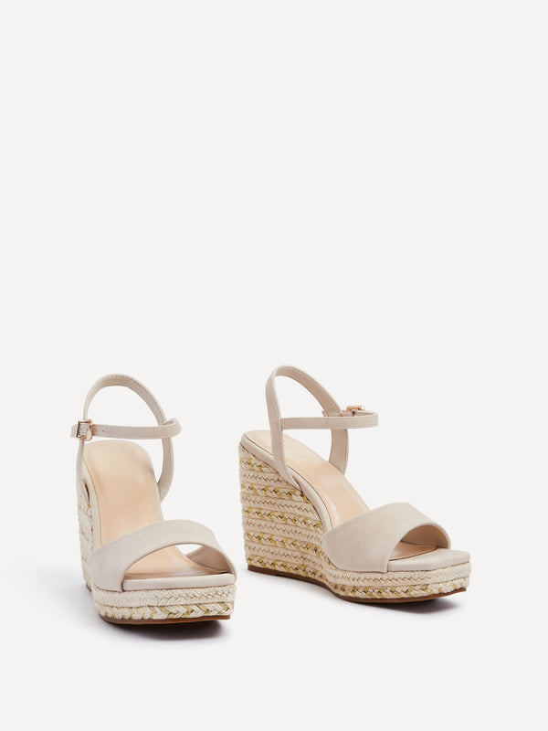 Linzi Nude Faux Suede Wedge With Metallic Rope Detail