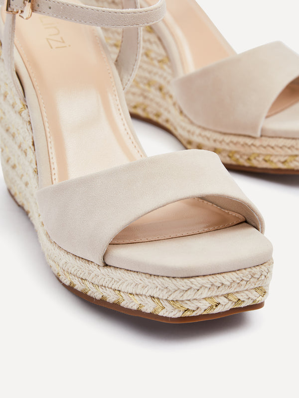 Linzi Nude Faux Suede Wedge With Metallic Rope Detail
