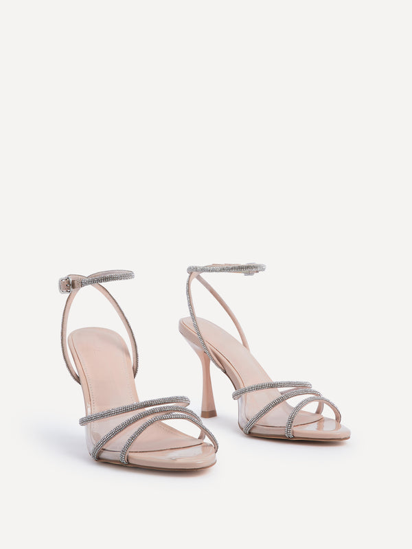 Linzi Nude Patent Open Toe Pointed Heel With Perspex & Diamante Embellishment