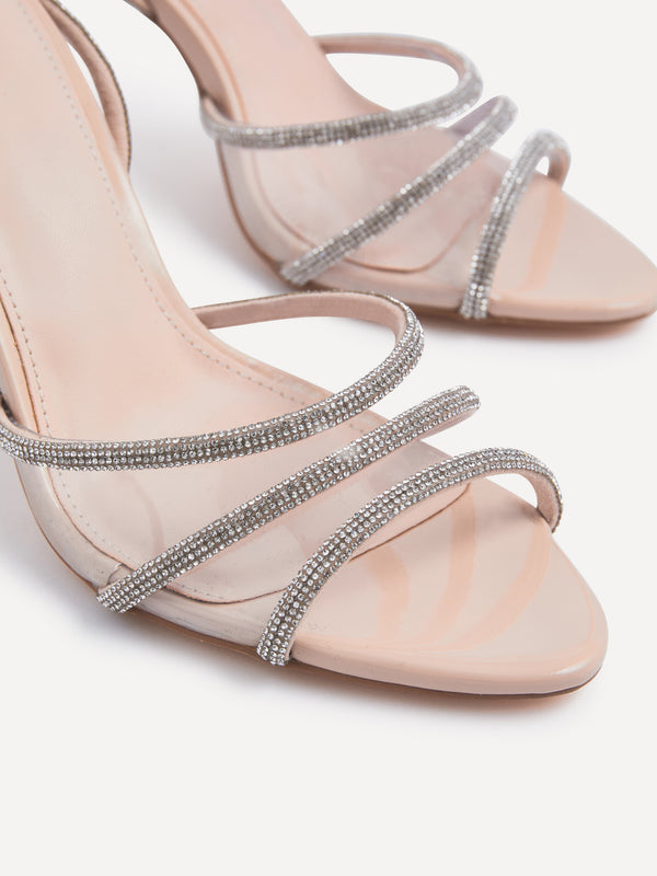 Linzi Nude Patent Open Toe Pointed Heel With Perspex & Diamante Embellishment