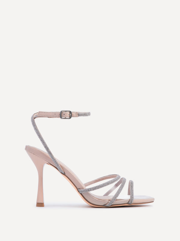 linzi Nude Patent Open Toe Pointed Heel With Perspex & Diamante Embellishment