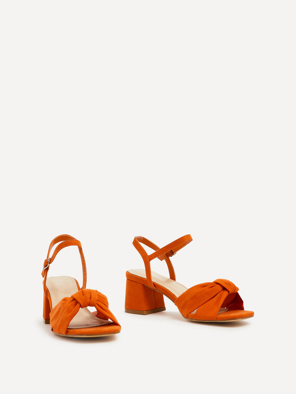 Linzi Orange Faux Suede Block Heeled Sandal With Knotted Front Strap