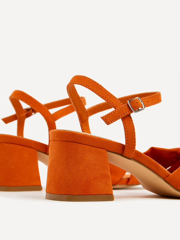 Linzi Orange Faux Suede Block Heeled Sandal With Knotted Front Strap