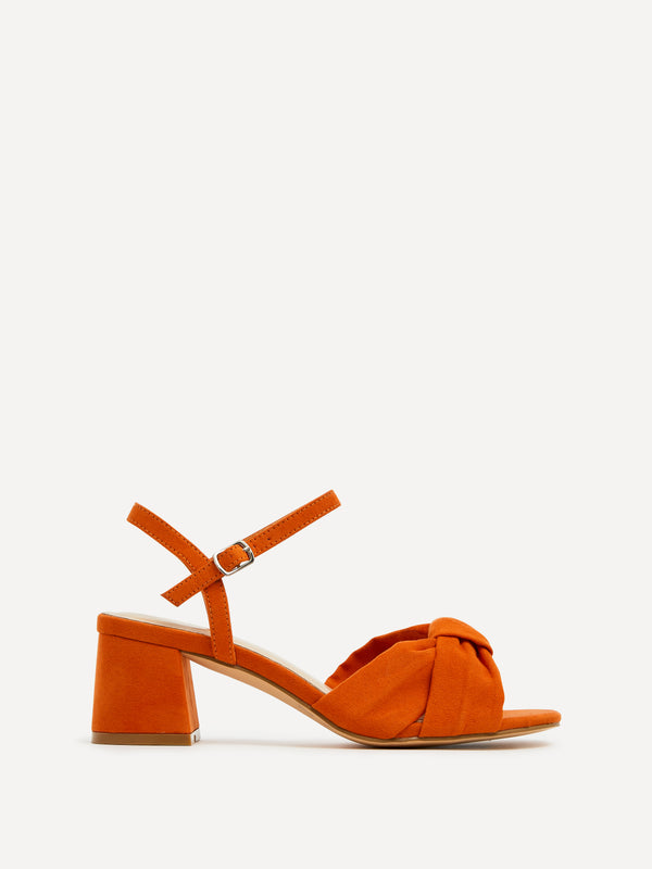 linzi Orange Faux Suede Block Heeled Sandal With Knotted Front Strap