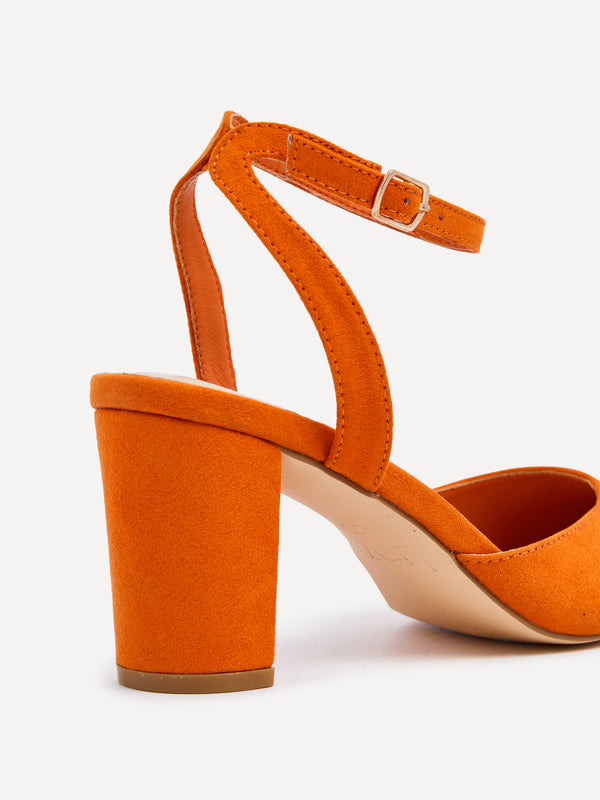 Linzi Orange Faux Suede Mid Height Court Shoe With Sandal Back