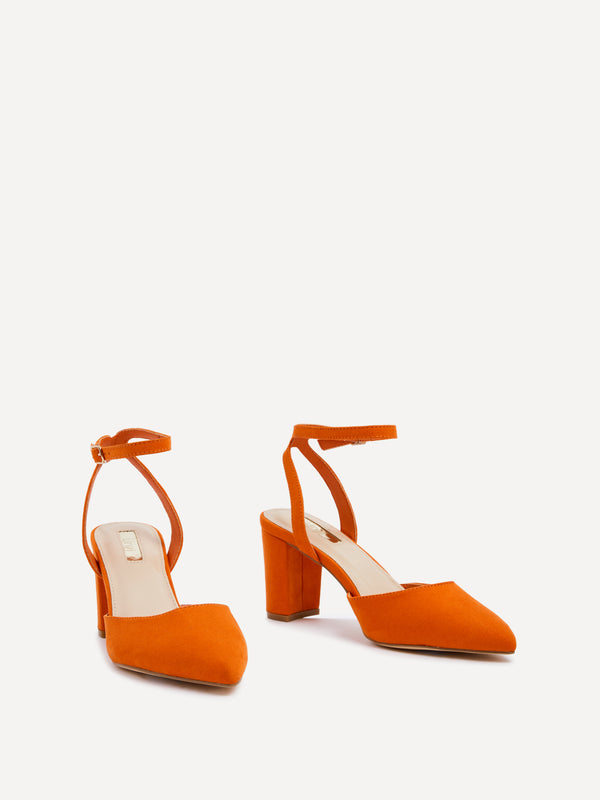 Linzi Orange Faux Suede Mid Height Court Shoe With Sandal Back