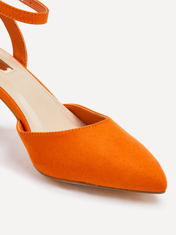Linzi Orange Faux Suede Mid Height Court Shoe With Sandal Back