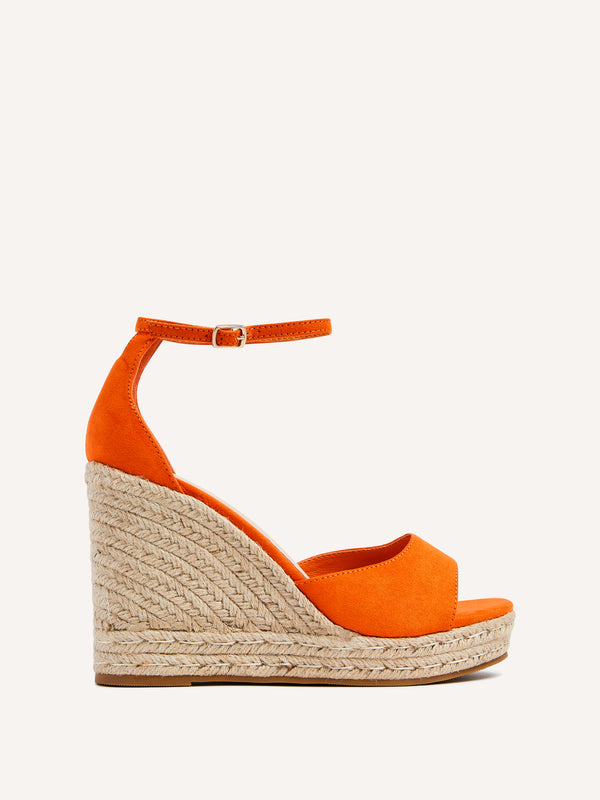 Linzi Orange Faux Suede Rope Platform Wedge With Wrap Around Ankle Strap