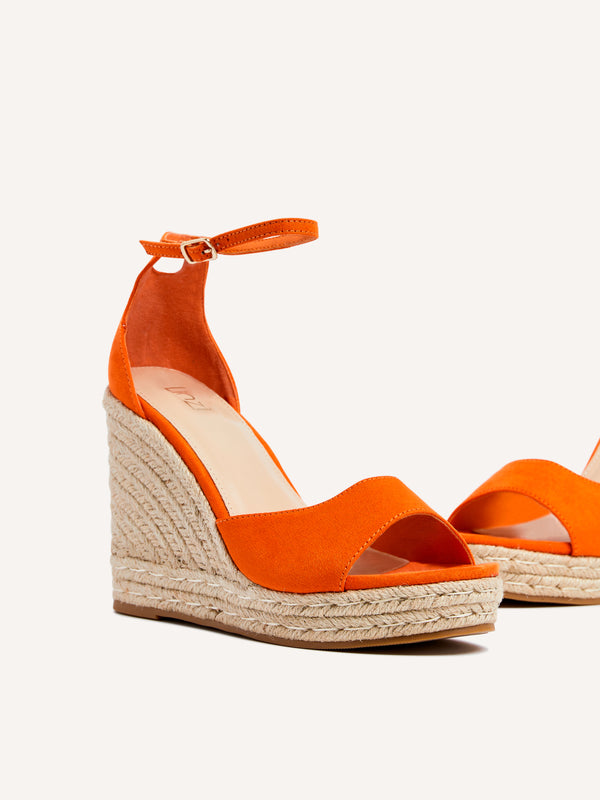 Linzi Orange Faux Suede Rope Platform Wedge With Wrap Around Ankle Strap