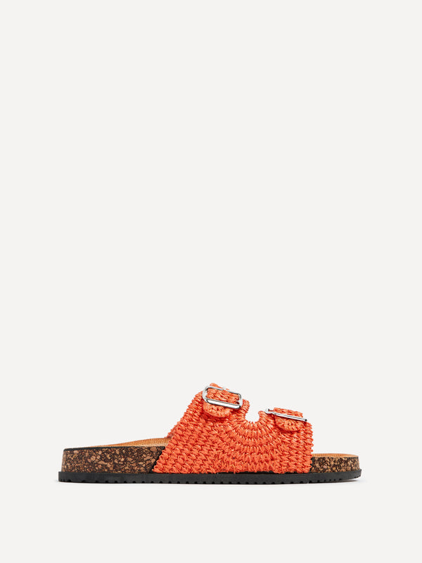 Linzi Orange Raffia Footbed Double Buckle Flat Sandal