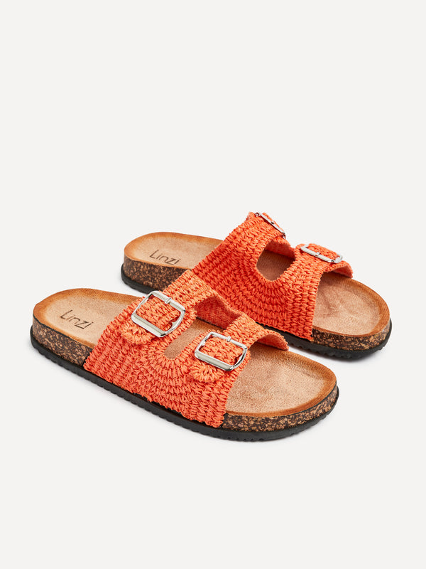 Linzi Orange Raffia Footbed Double Buckle Flat Sandal