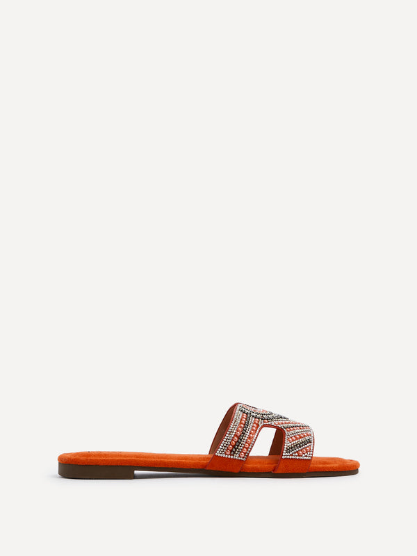 Linzi Orange Suede Aztec Design Embellished Slider Sandal