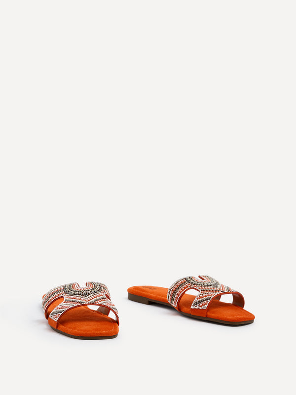 Linzi Orange Suede Aztec Design Embellished Slider Sandal
