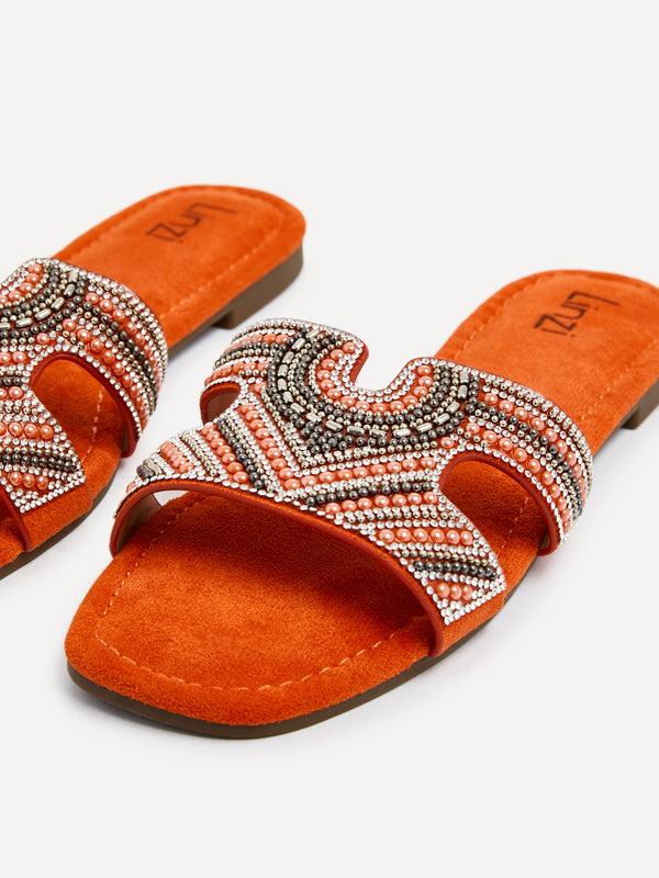 Linzi Orange Suede Aztec Design Embellished Slider Sandal