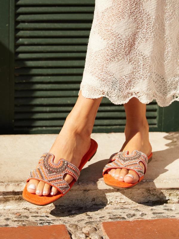 linzi Orange Suede Aztec Design Embellished Slider Sandal