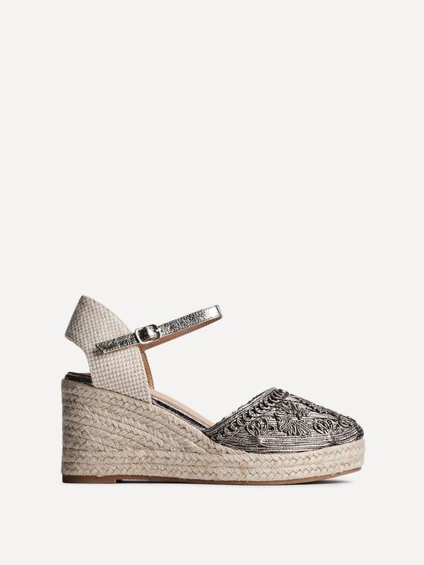 Linzi Pewter Embroidered Closed-Toe Espadrille Wedge