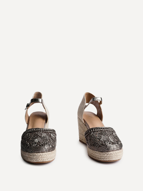 Linzi Pewter Embroidered Closed-Toe Espadrille Wedge