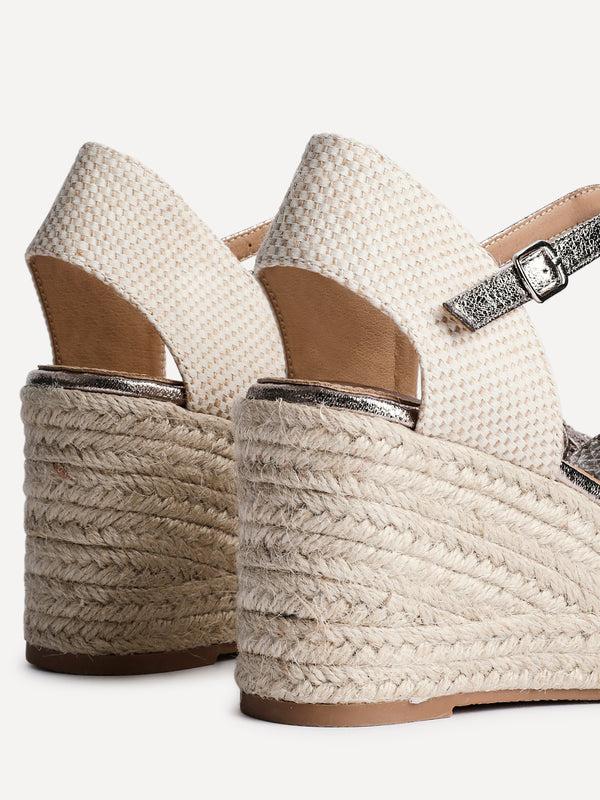 Linzi Pewter Embroidered Closed-Toe Espadrille Wedge