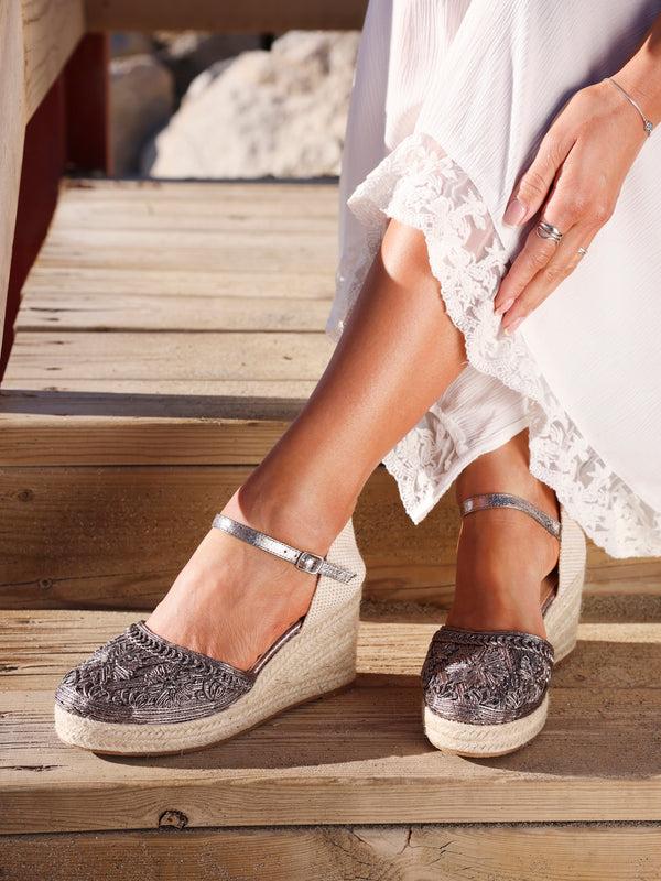 linzi Pewter Embroidered Closed-Toe Espadrille Wedge