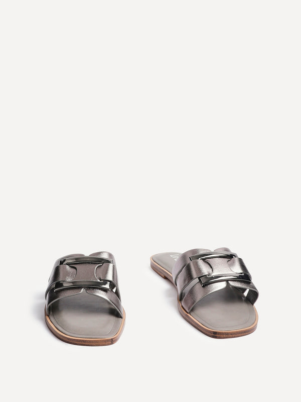 Linzi Pewter Faux Leather Buckle Flat Slider Sandal