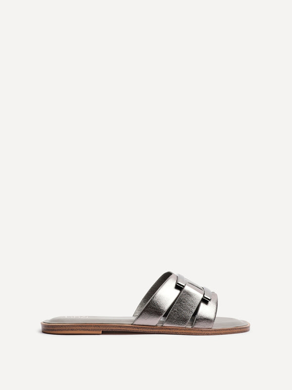 Linzi Pewter Faux Leather Buckle Flat Slider Sandal
