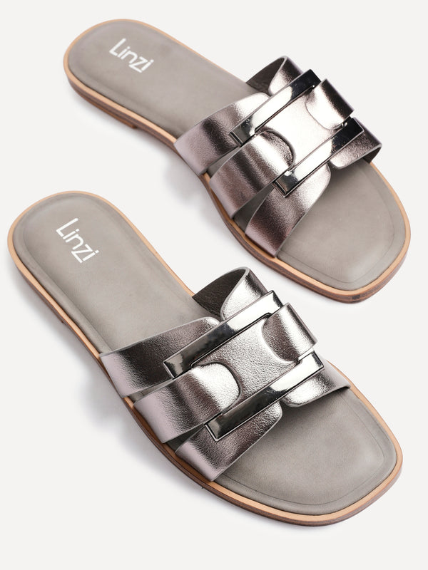 Linzi Pewter Faux Leather Buckle Flat Slider Sandal
