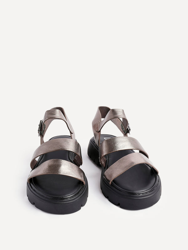 Linzi Pewter Faux Leather Gladiator Style Two Strap Sandal
