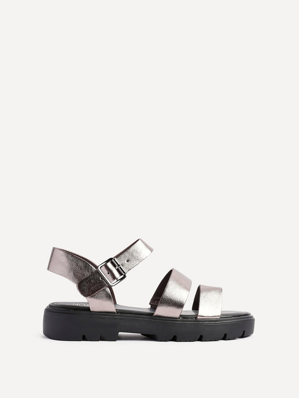 Linzi Pewter Faux Leather Gladiator Style Two Strap Sandal