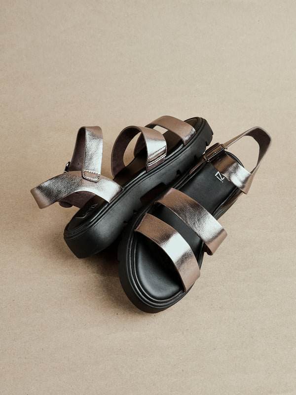 linzi Pewter Faux Leather Gladiator Style Two Strap Sandal