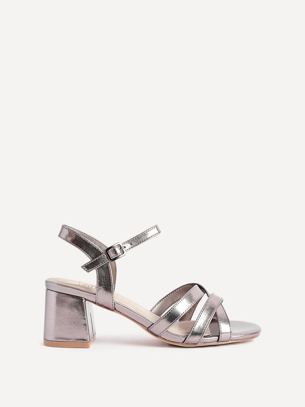 Linzi Pewter Faux Leather Heeled Sandals With Crossover Straps