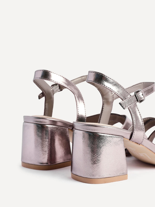 Linzi Pewter Faux Leather Heeled Sandals With Crossover Straps