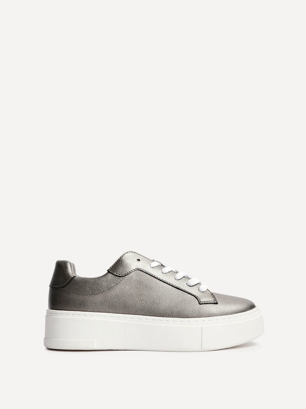 Linzi Pewter Faux Leather Lace Up Flatform Trainers
