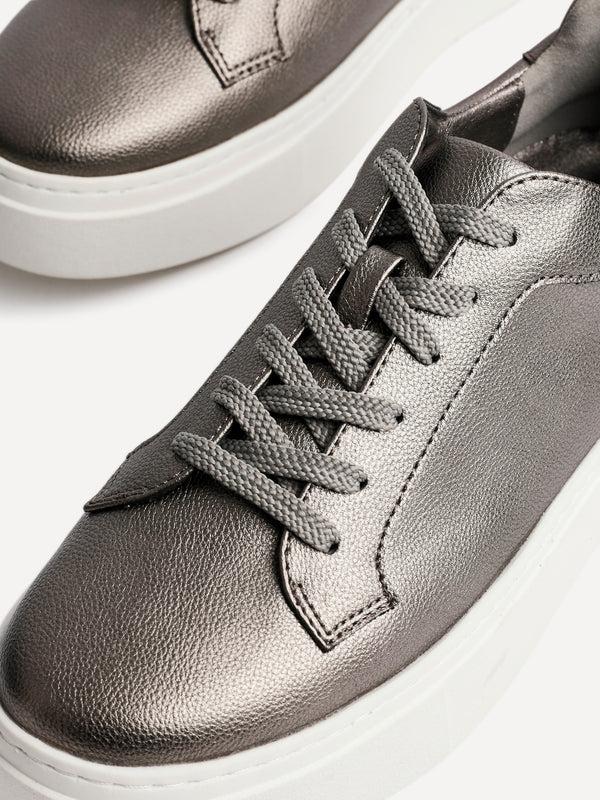 Linzi Pewter Faux Leather Lace Up Flatform Trainers