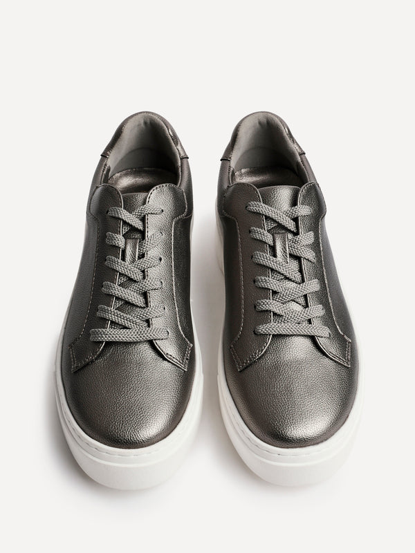 linzi Pewter Faux Leather Lace Up Flatform Trainers