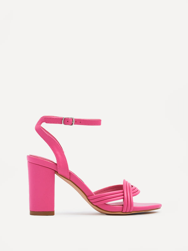 Linzi Pink Faux Leather Block Heeled Sandal With Intertwined Front Straps